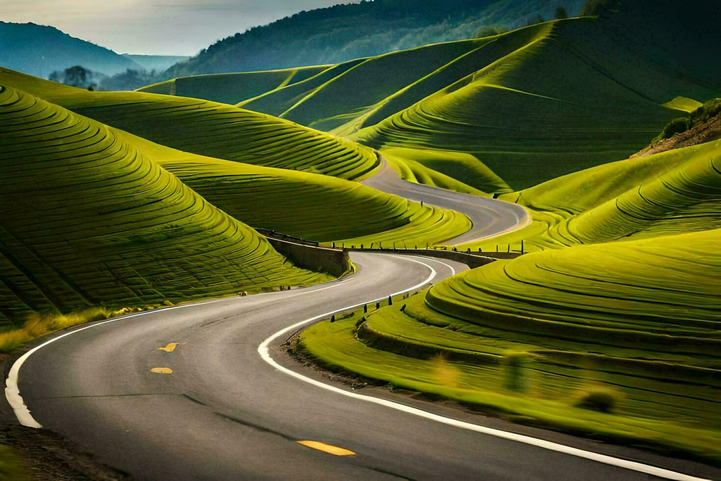 a winding road in the middle of green hills. AI-Generated photo