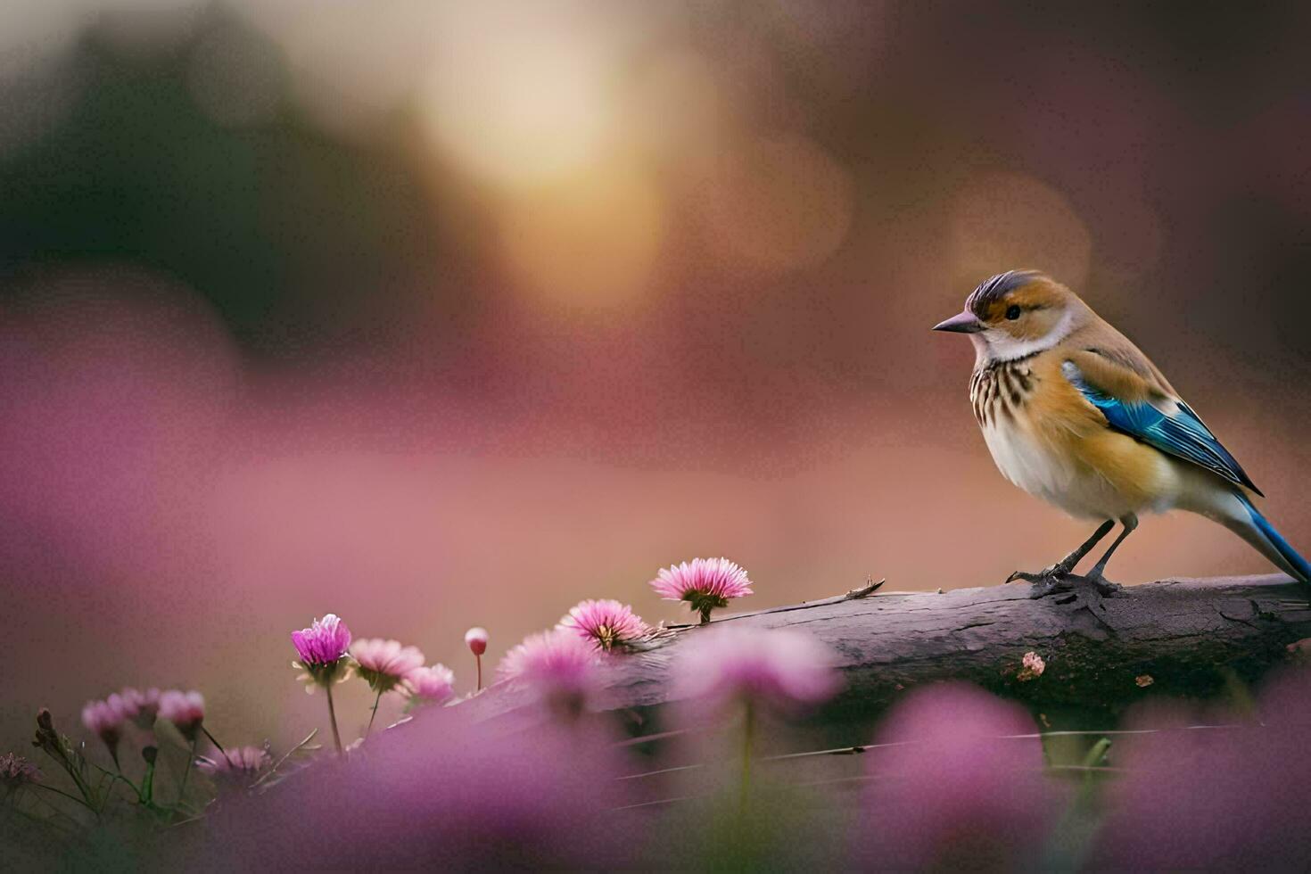 a bird is sitting on a branch in a field. AI-Generated photo