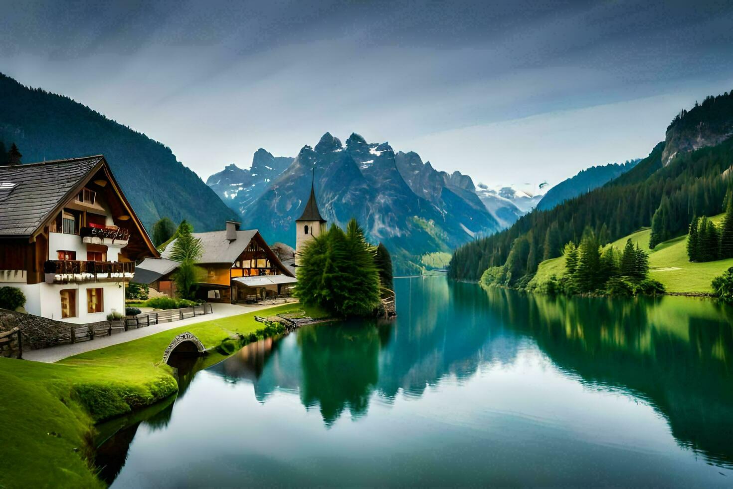 un lago y montaña pueblo en el Alpes. generado por ai foto