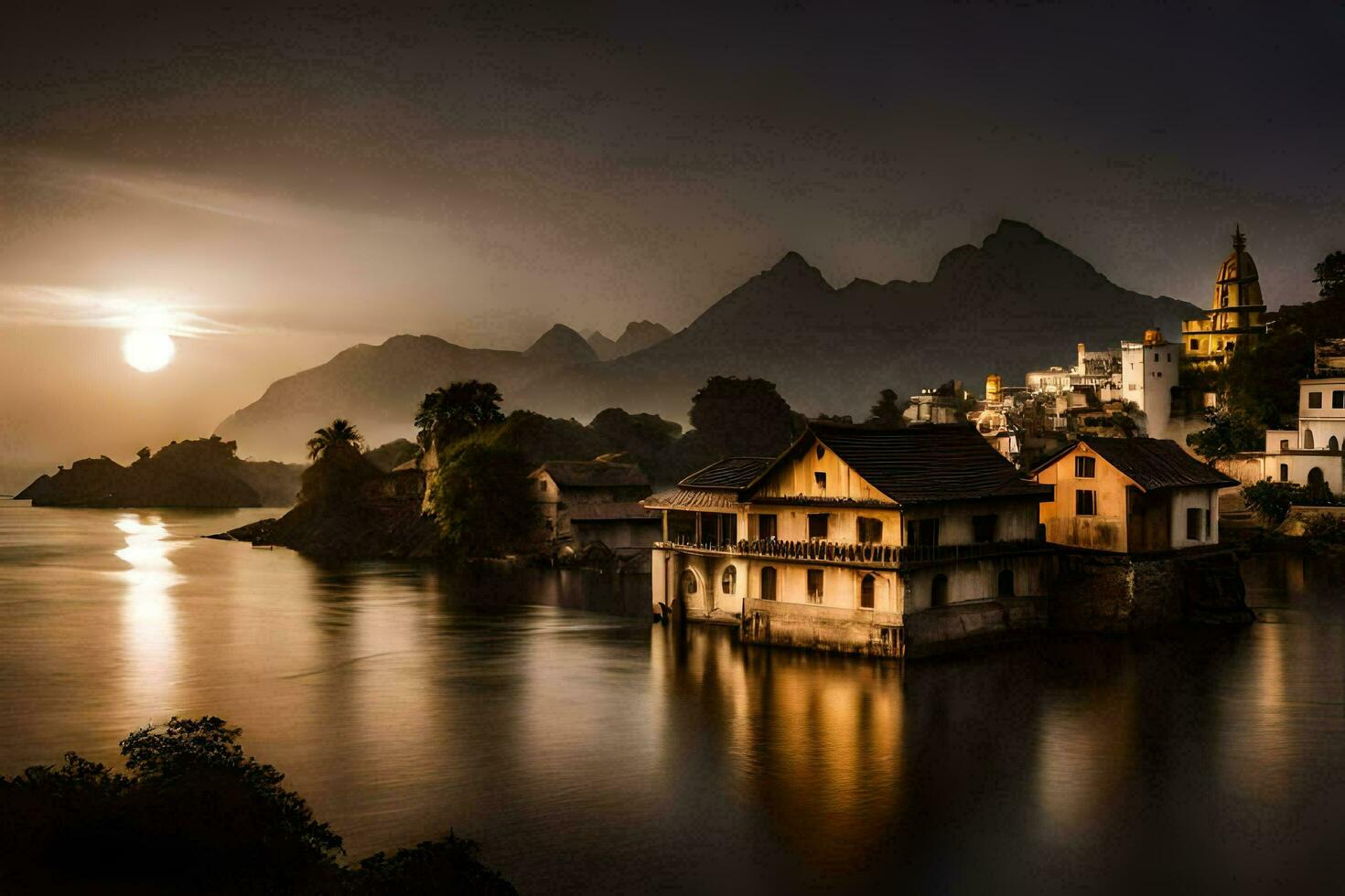 un hermosa puesta de sol terminado un lago con casas en el costa. generado por ai foto