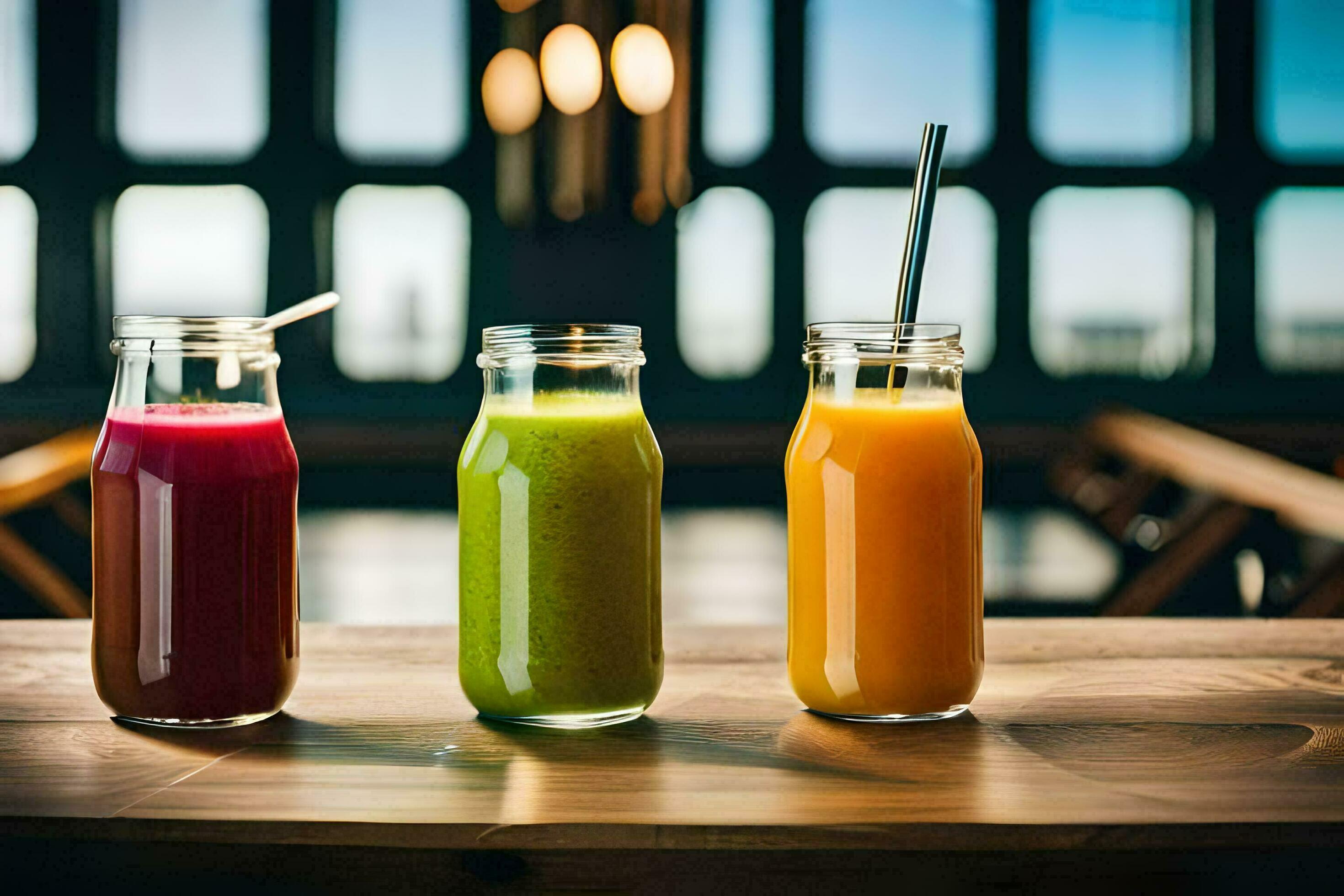 three different types of juice in glass bottles on a table. AI