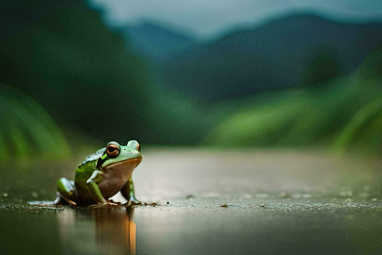 a frog sitting on the ground in a wet area. AI-Generated photo