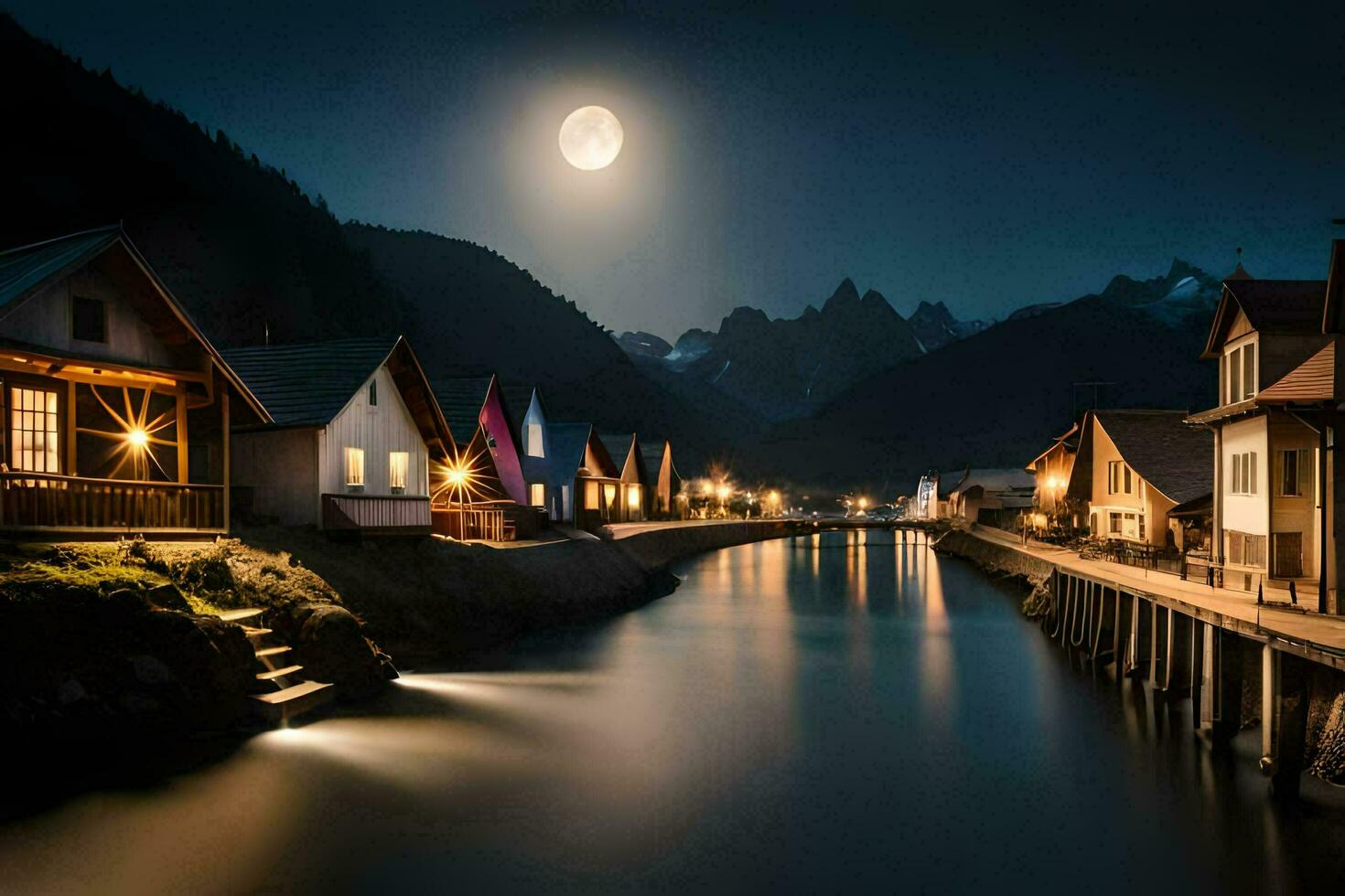 photo wallpaper the moon, water, mountains, houses, the night, the moon, the night. AI-Generated