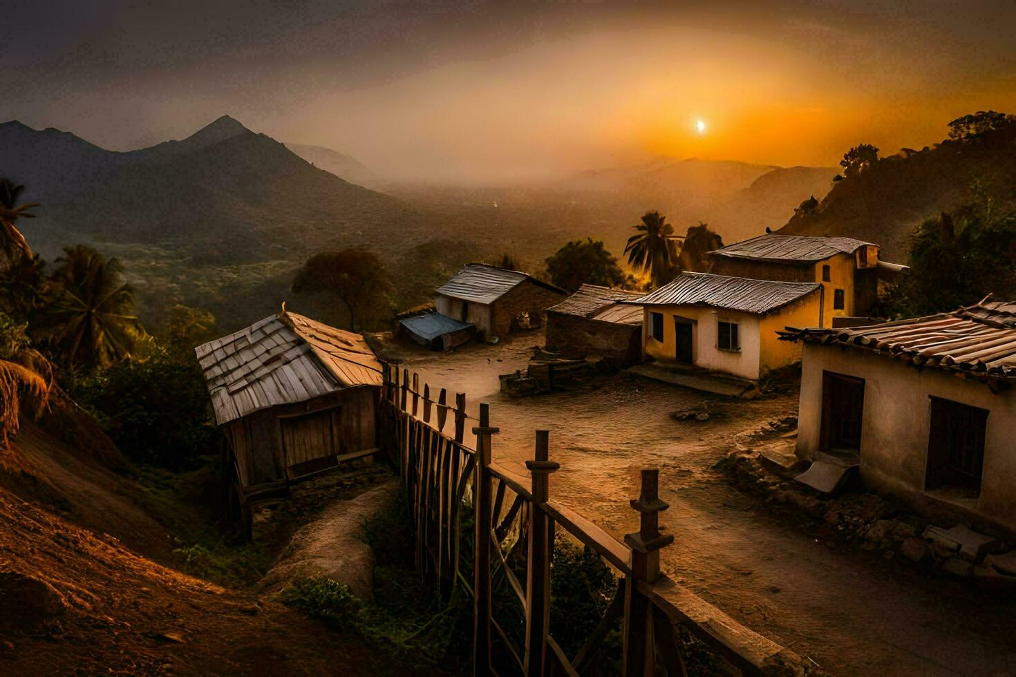 un pueblo a puesta de sol en el montañas. generado por ai foto