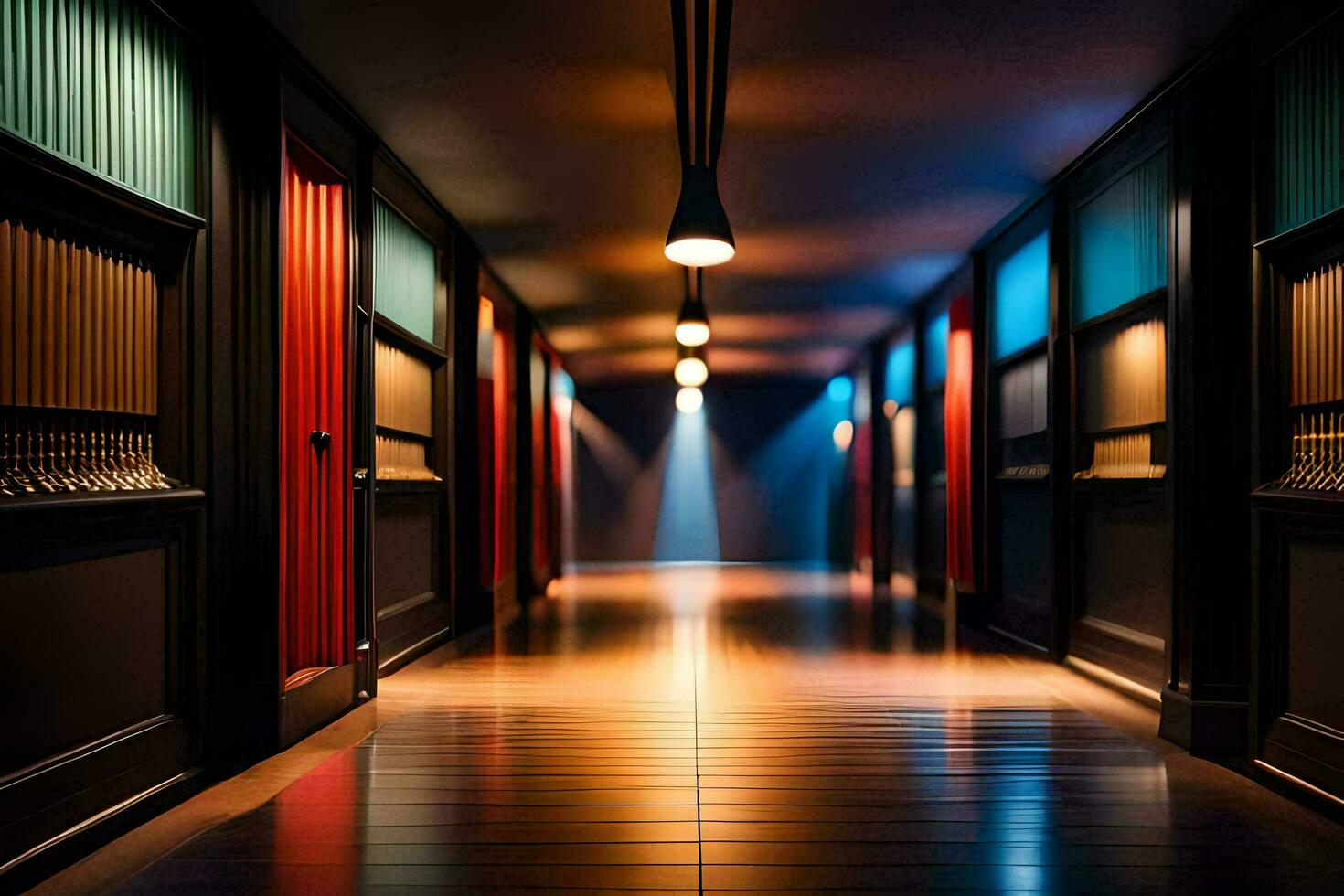 a long hallway with lights on the wall. AI-Generated photo