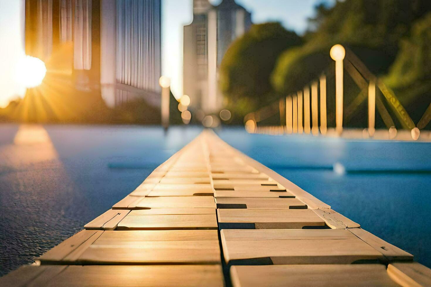 a wooden walkway is shown in front of a city. AI-Generated photo