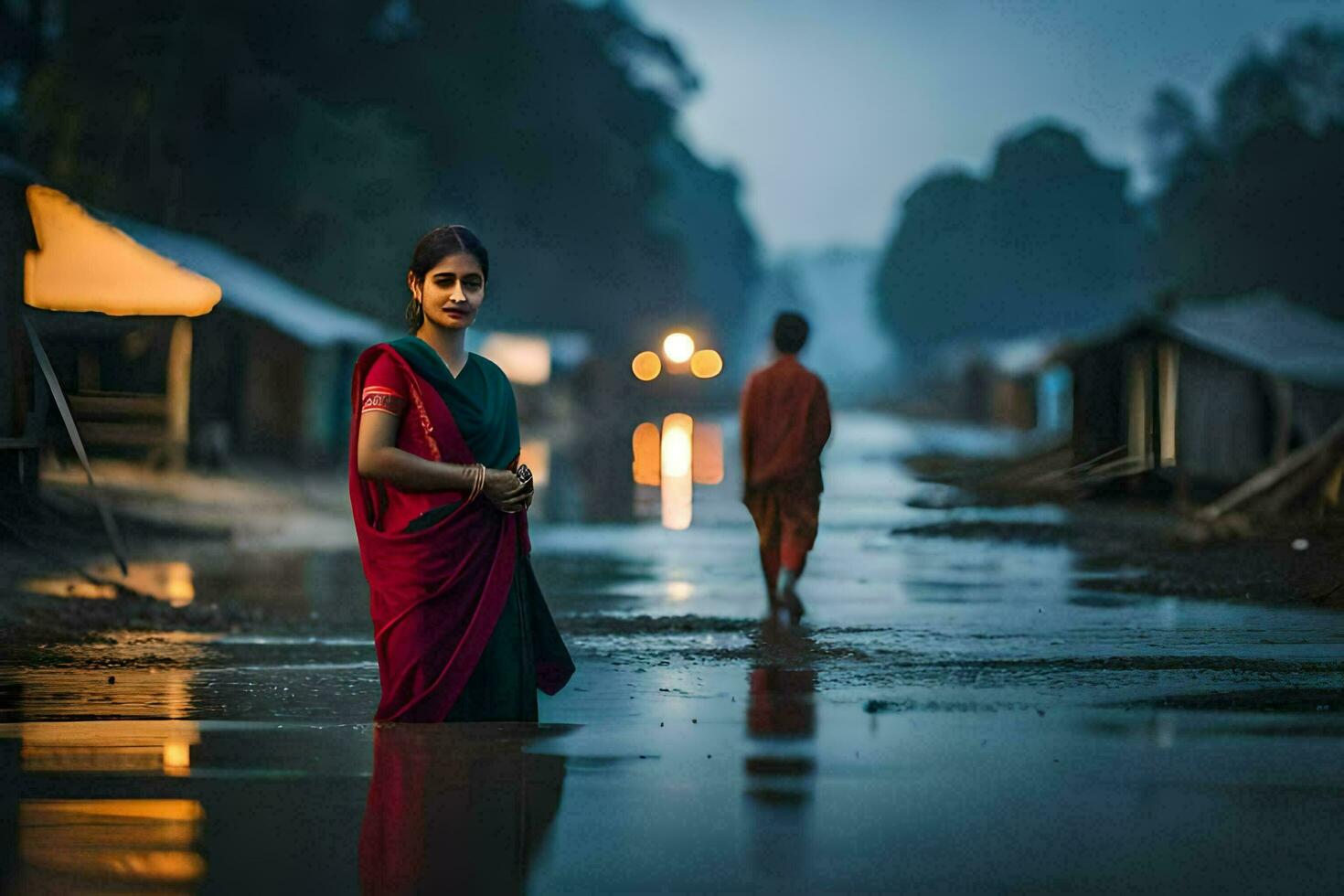 a woman in a sari stands in a flooded street. AI-Generated photo