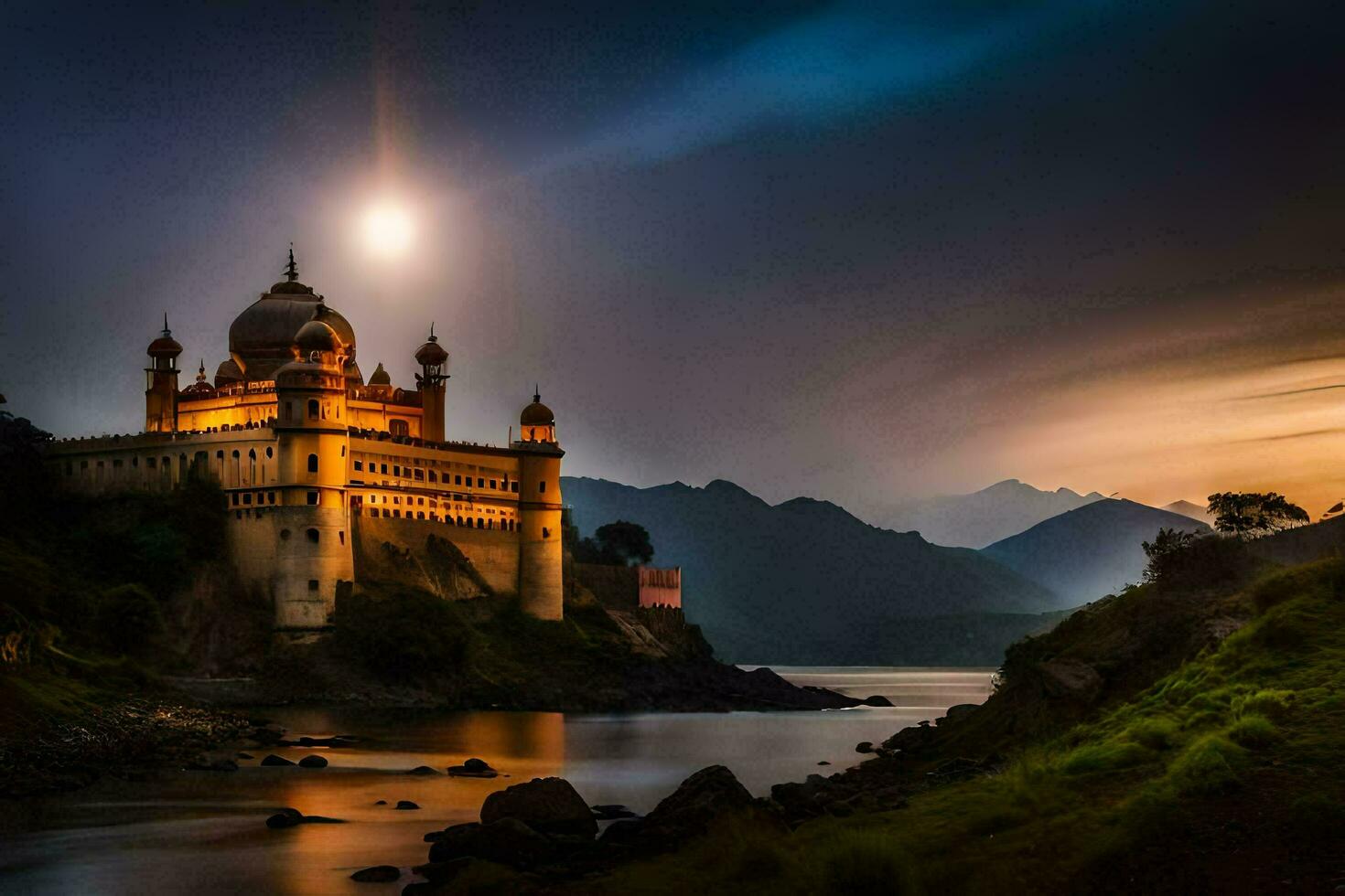 the moon rises over the palace in india. AI-Generated photo