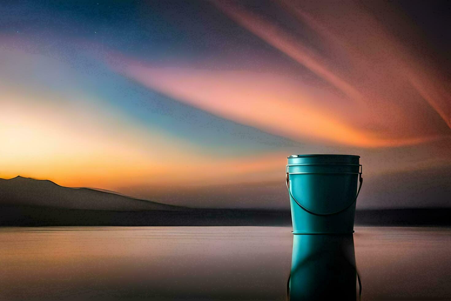 a bucket sitting on the water with a sunset in the background. AI-Generated photo