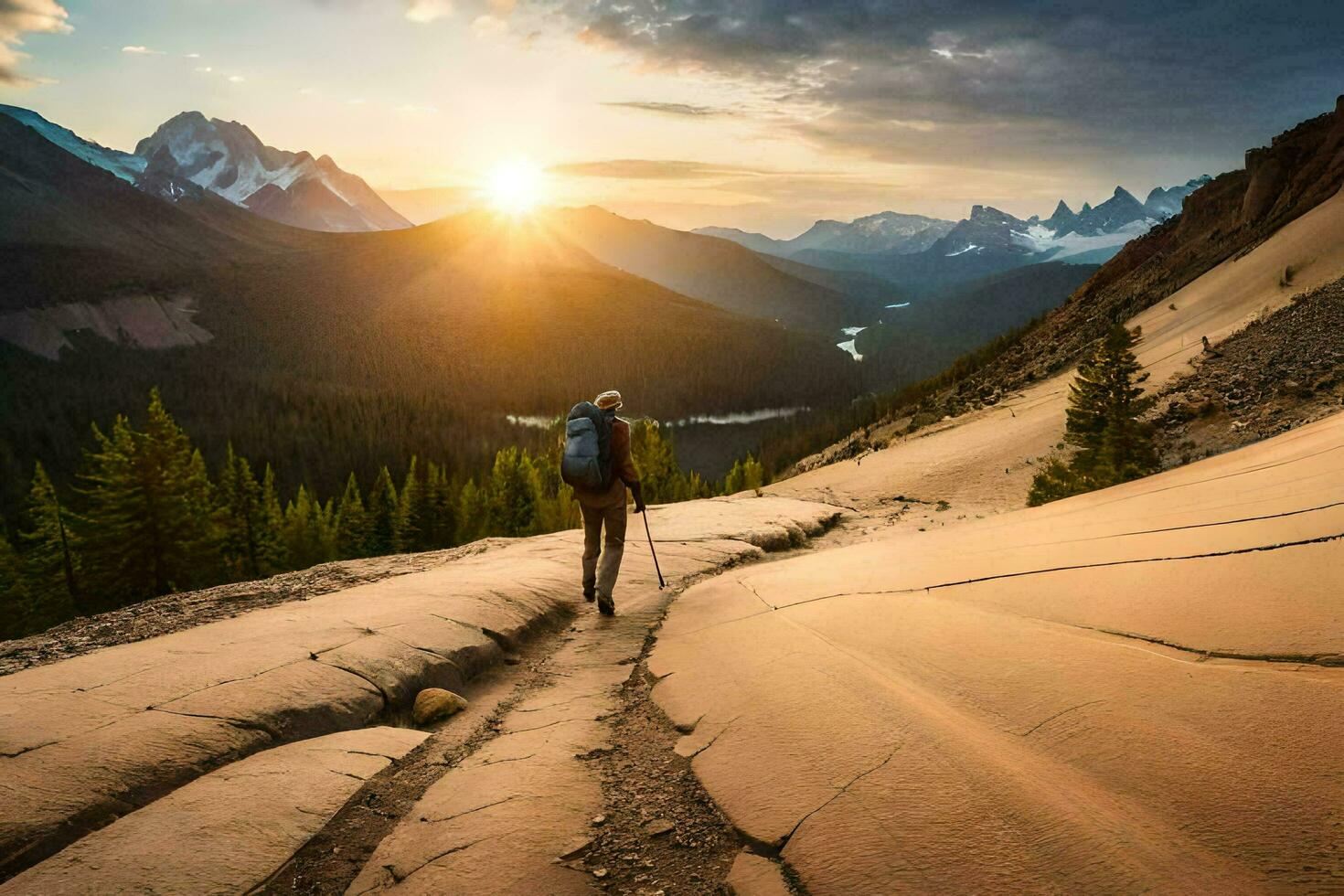 a man walks up a mountain trail at sunset. AI-Generated photo