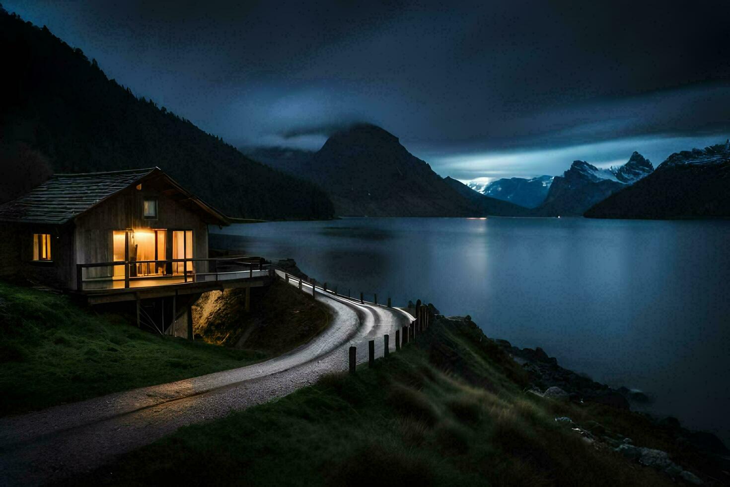 a cabin sits on the side of a mountain overlooking a lake. AI-Generated photo