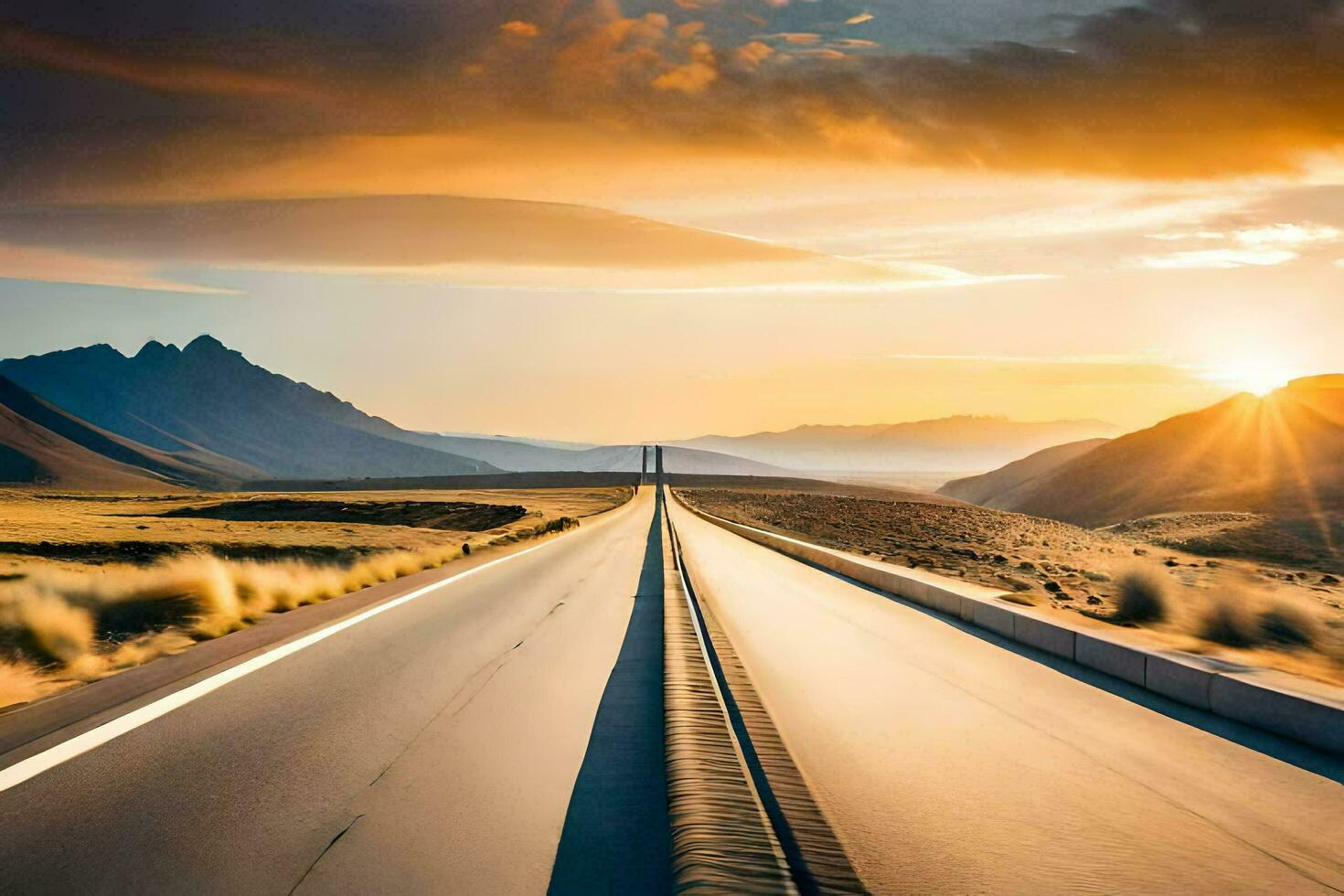 a long road with the sun setting in the distance. AI-Generated photo