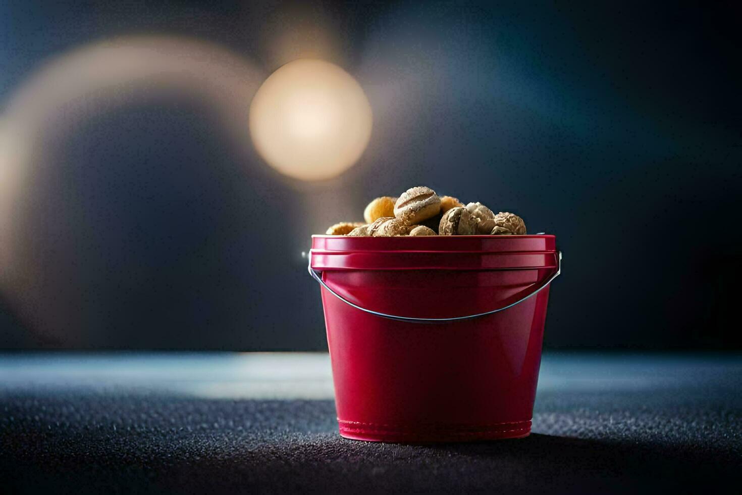 a red bucket filled with peanuts on a dark background. AI-Generated photo