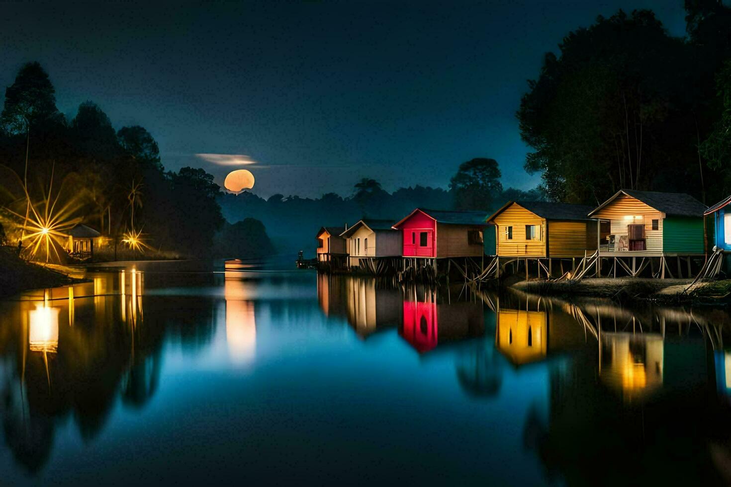 foto fondo de pantalla el luna, agua, el noche, el río, el luna, el agua,. generado por ai