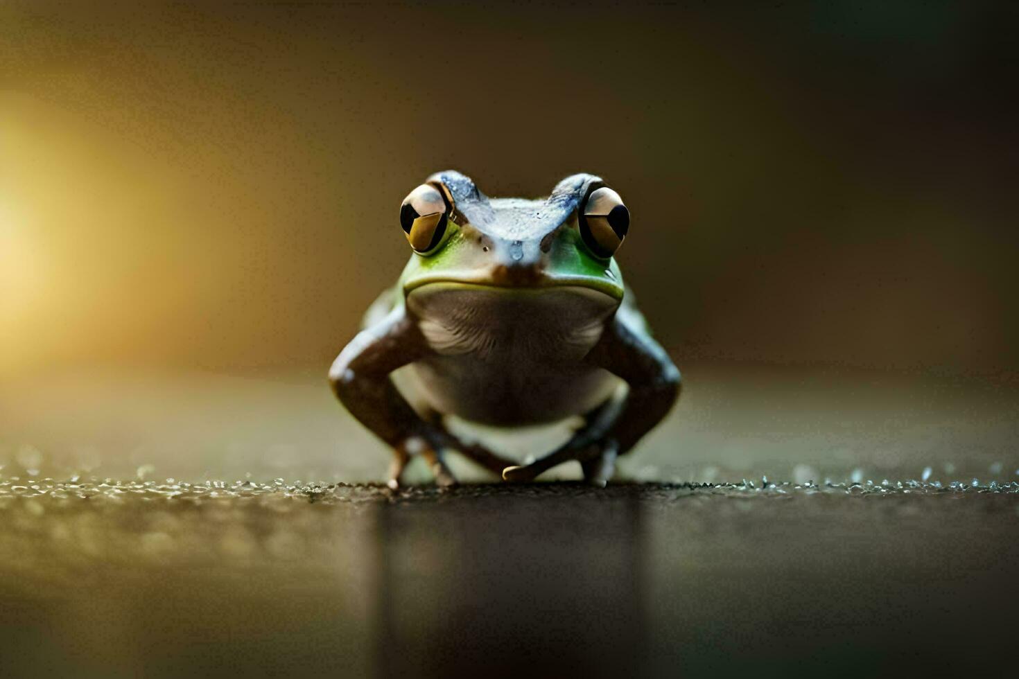 a frog is standing on a wet surface. AI-Generated photo