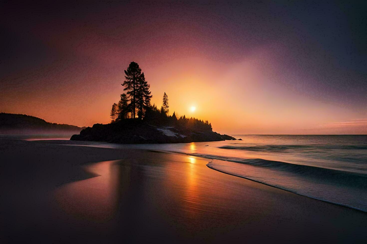 a sunset on the beach with a tree on the shore. AI-Generated photo