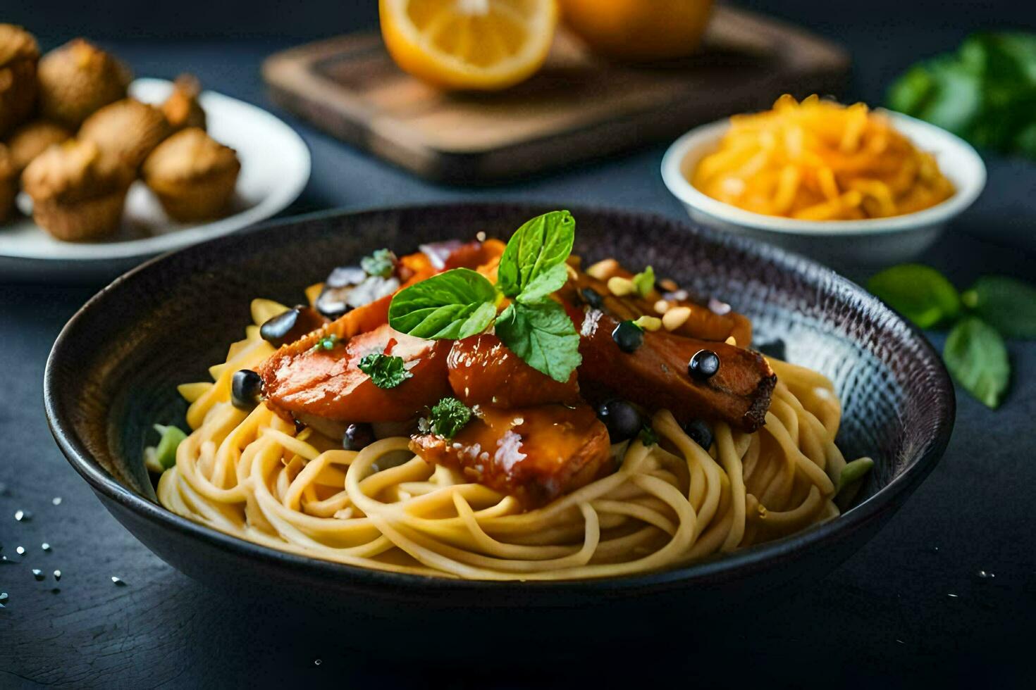 spaghetti with meatballs and sauce in a bowl. AI-Generated photo