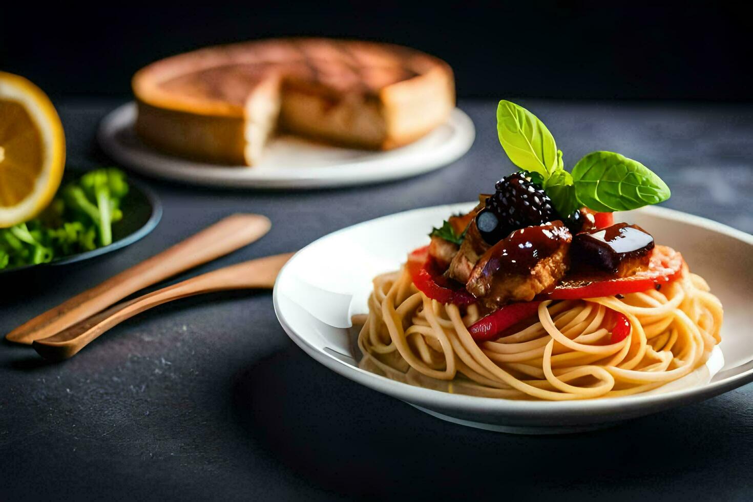 spaghetti with meat and vegetables on a plate. AI-Generated photo