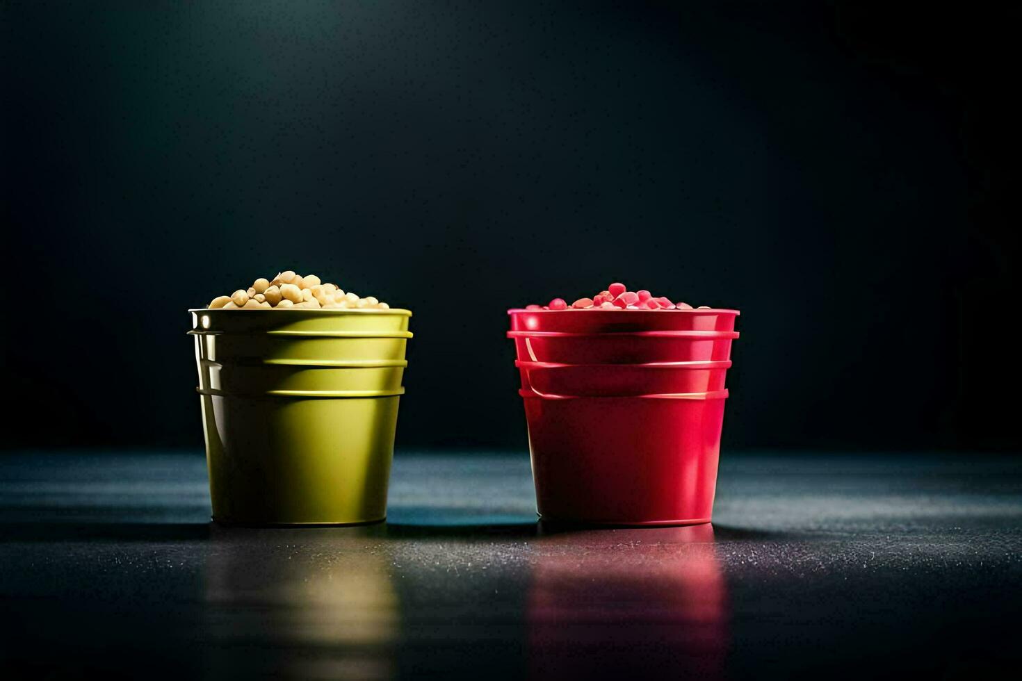 two cups of popcorn on a dark surface. AI-Generated photo