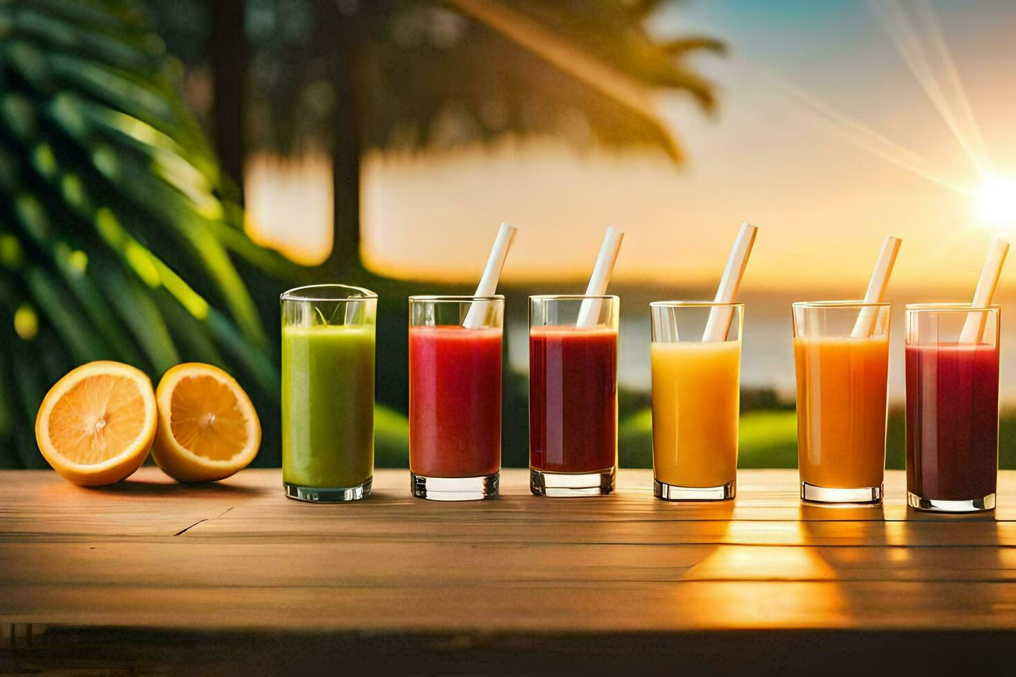 a group of juice glasses on a table with a sunset in the background. AI-Generated photo