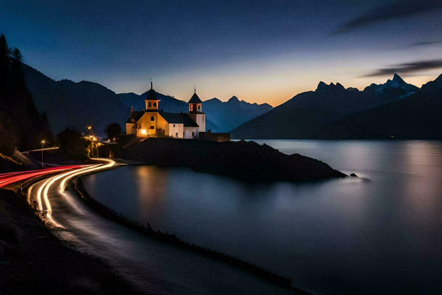 un Iglesia y montaña en el noche. generado por ai foto