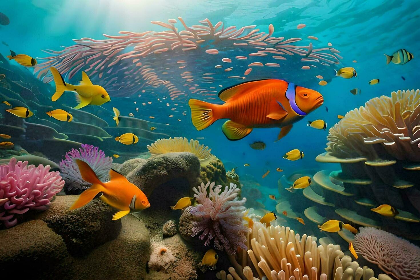 an underwater scene with fish and corals. AI-Generated photo