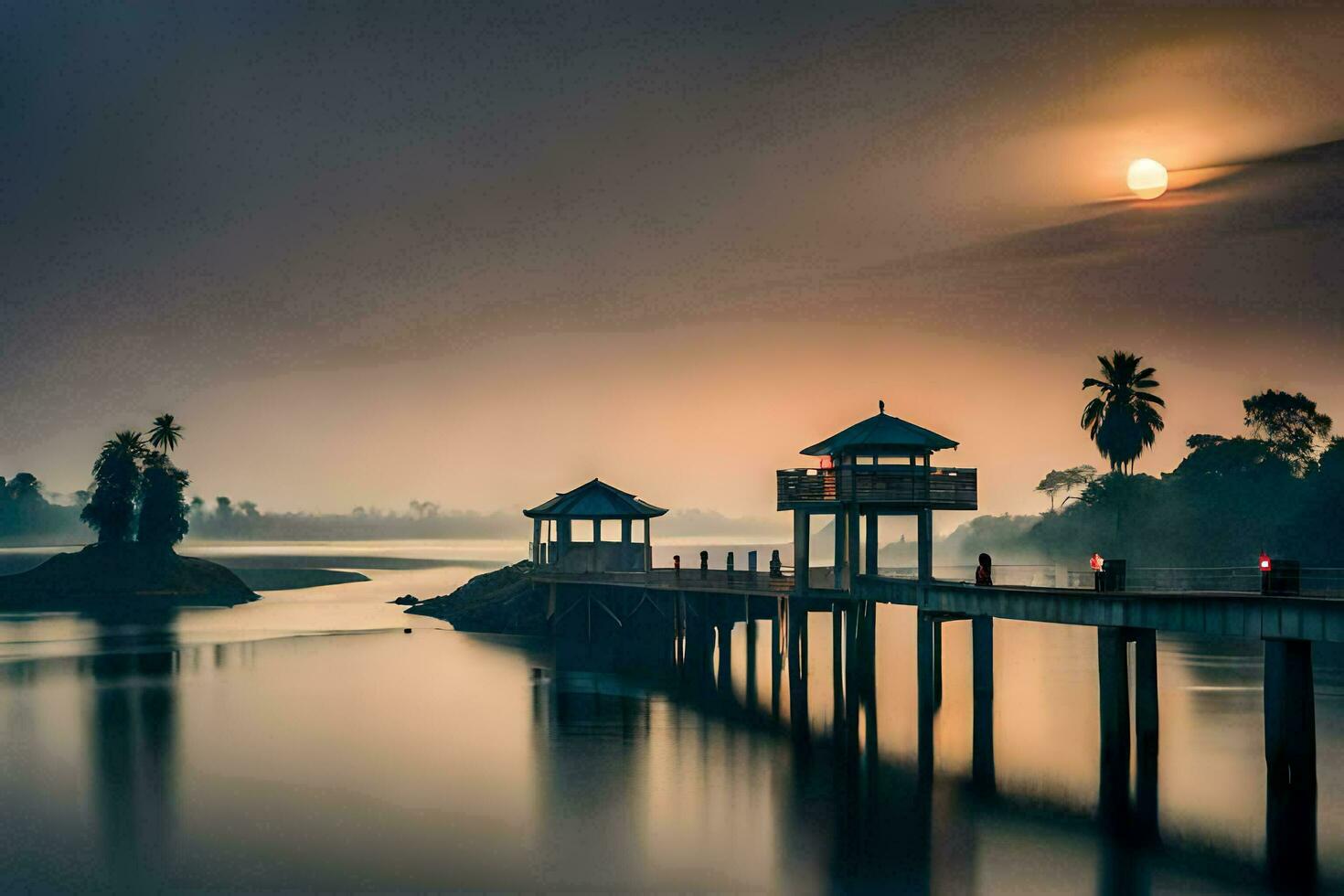 a pier with a gazebo on the water. AI-Generated photo