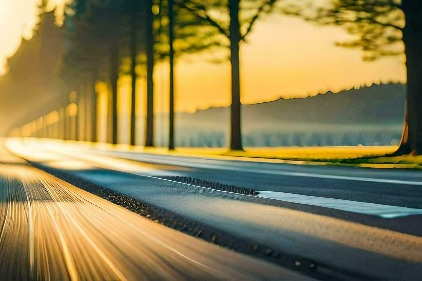 a car driving down a road at sunset. AI-Generated photo