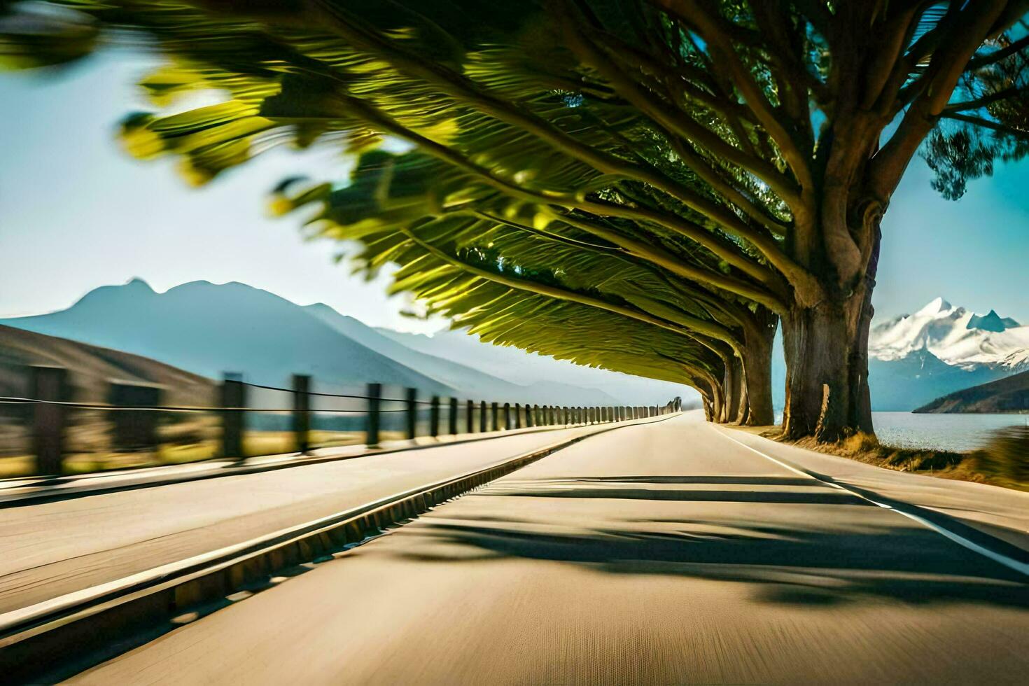 a tree is growing on the side of a road. AI-Generated photo