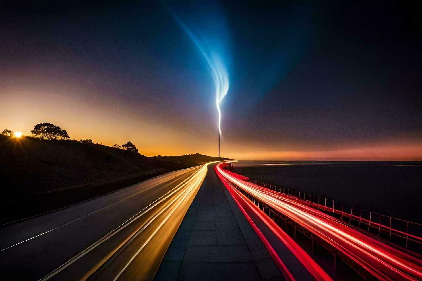 a long exposure photograph of a car driving on a highway. AI-Generated photo