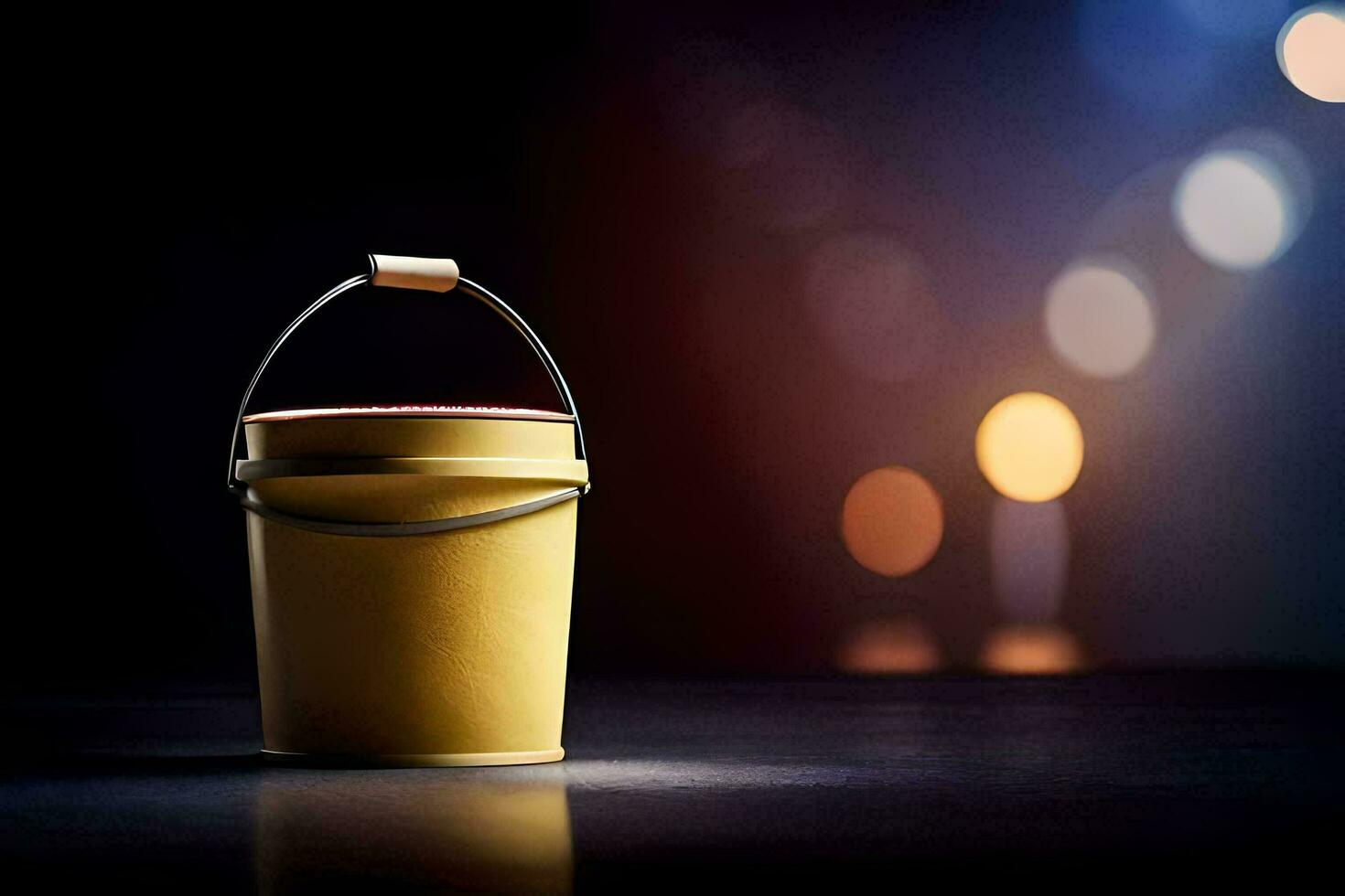 a yellow bucket on a table with blurred lights. AI-Generated photo
