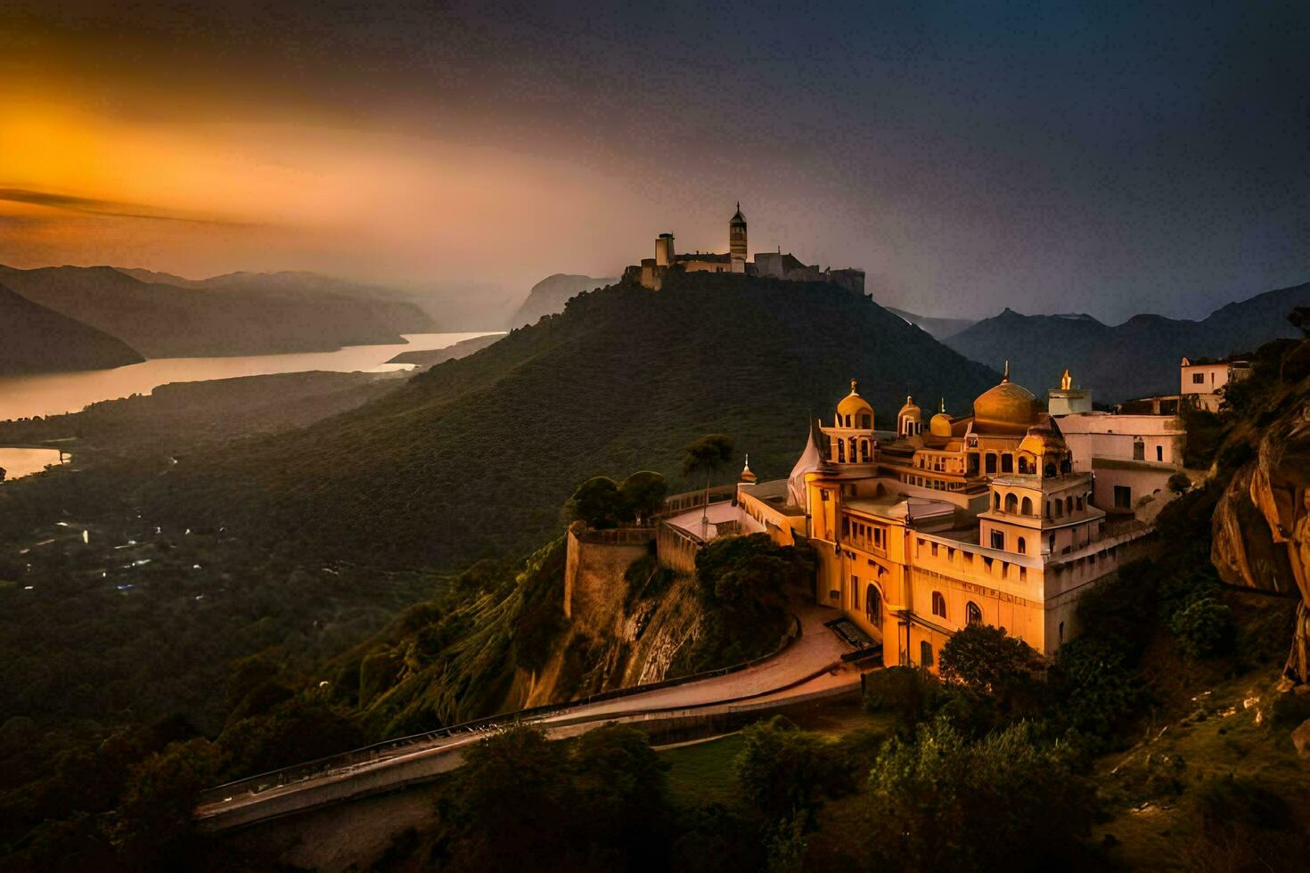 the sun sets over a monastery on top of a mountain. AI-Generated photo