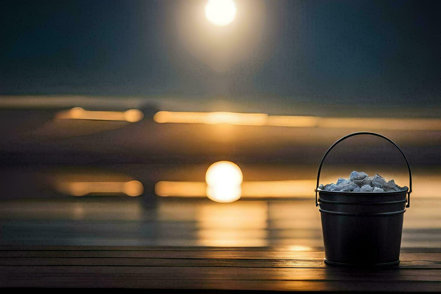 a bucket of marshmallows on a dock at night. AI-Generated photo