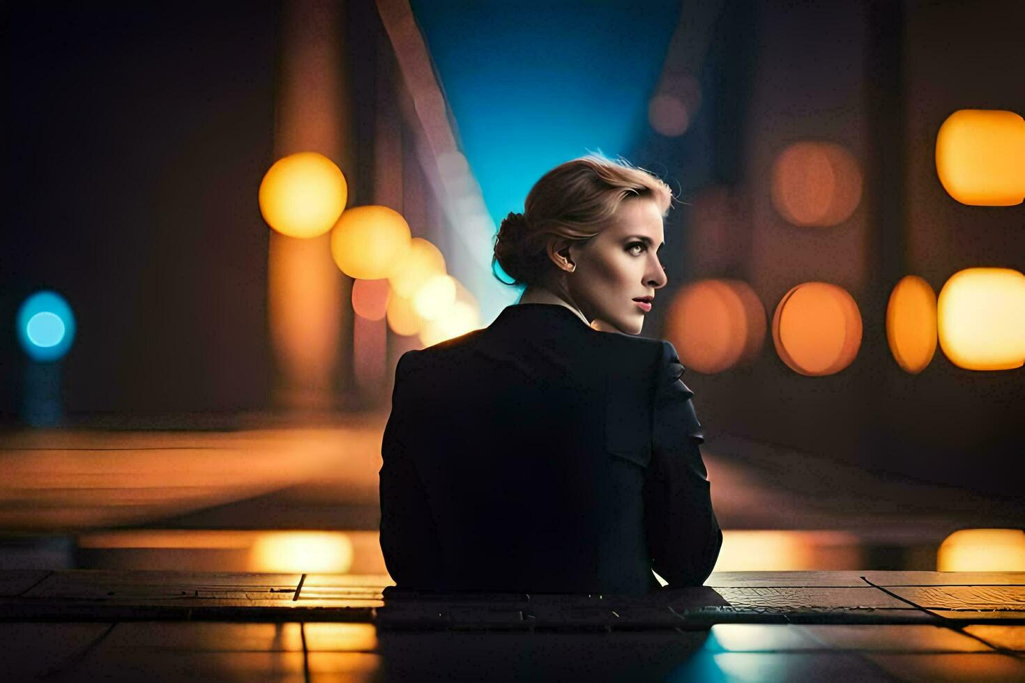 a woman in a suit sits on a bench at night. AI-Generated photo