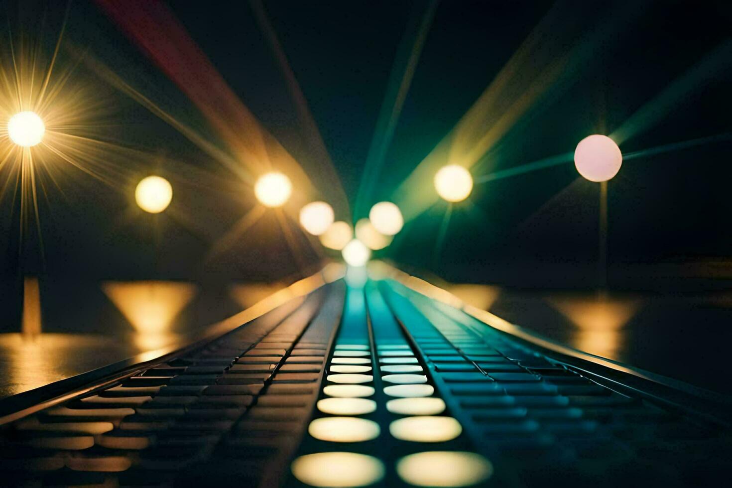 a long, dark road with lights in the background. AI-Generated photo