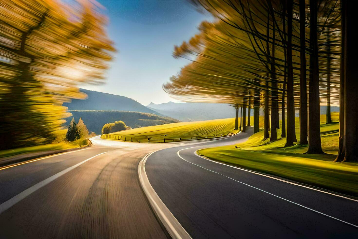 un borroso imagen de un la carretera con arboles en el antecedentes. generado por ai foto