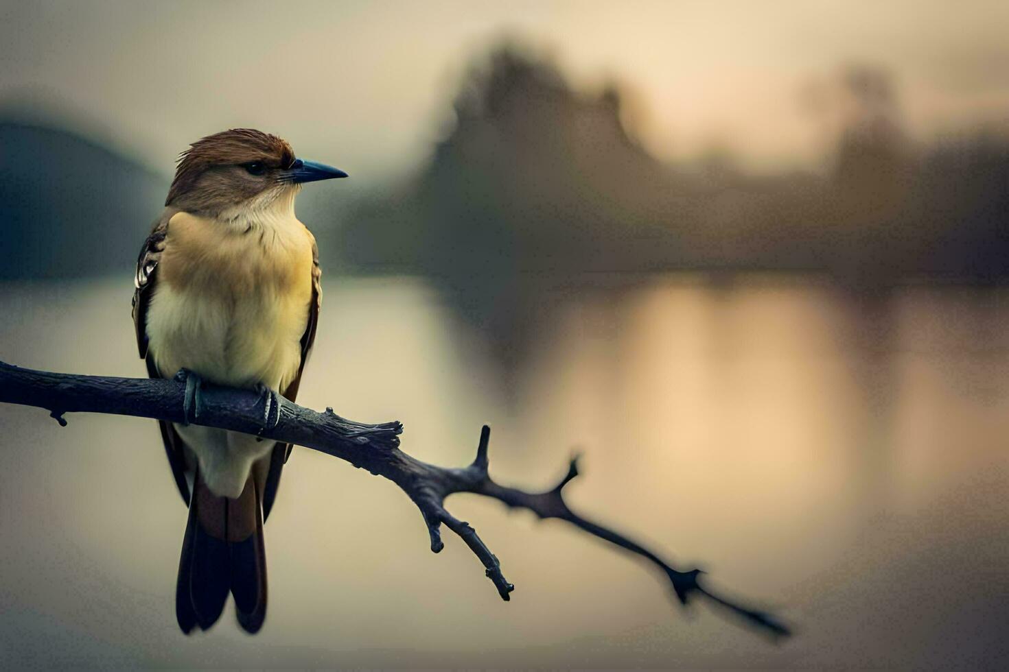 a bird sits on a branch near a lake. AI-Generated photo
