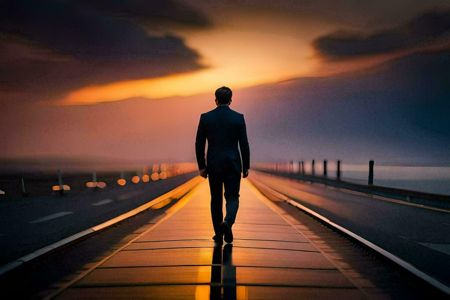 a man in a suit walks down a long road at sunset. AI-Generated photo