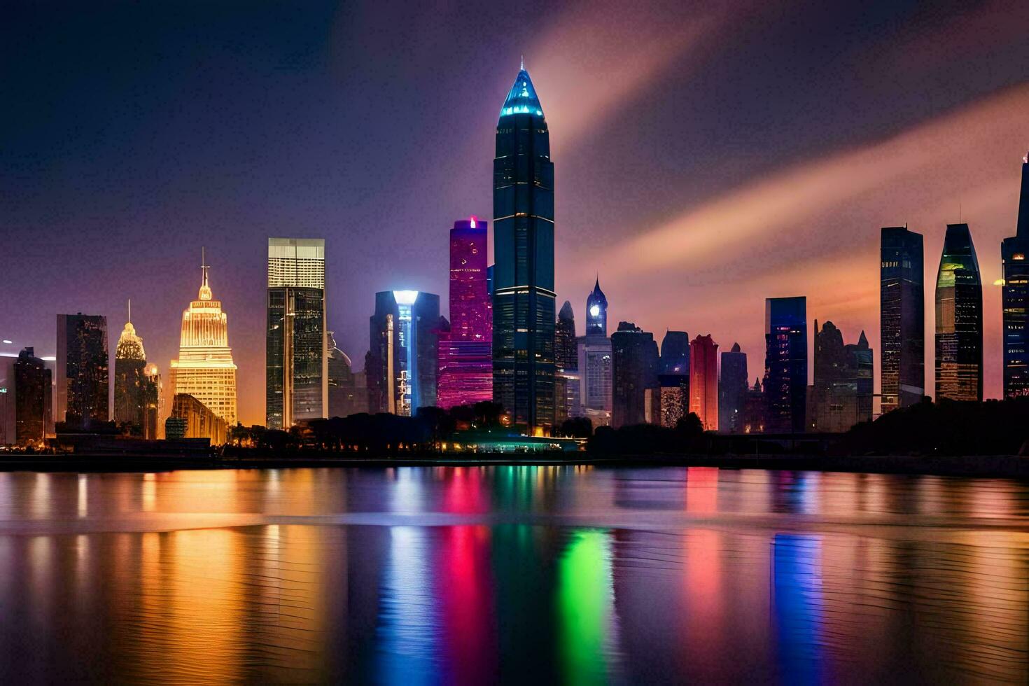 the city skyline is lit up at night. AI-Generated photo