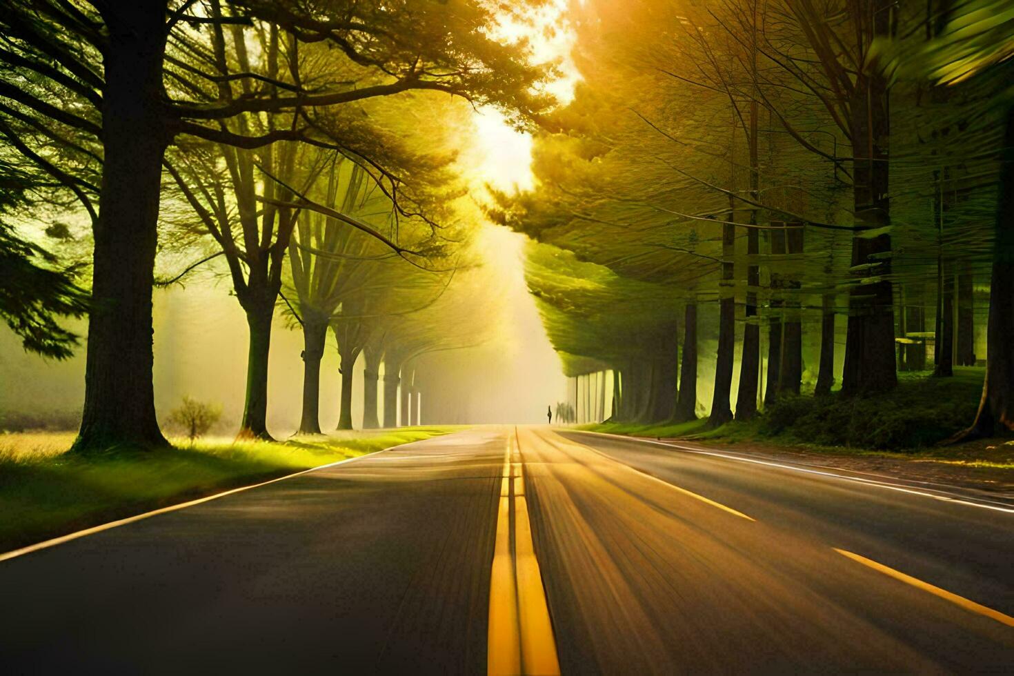 a road with trees and sun shining through the trees. AI-Generated photo