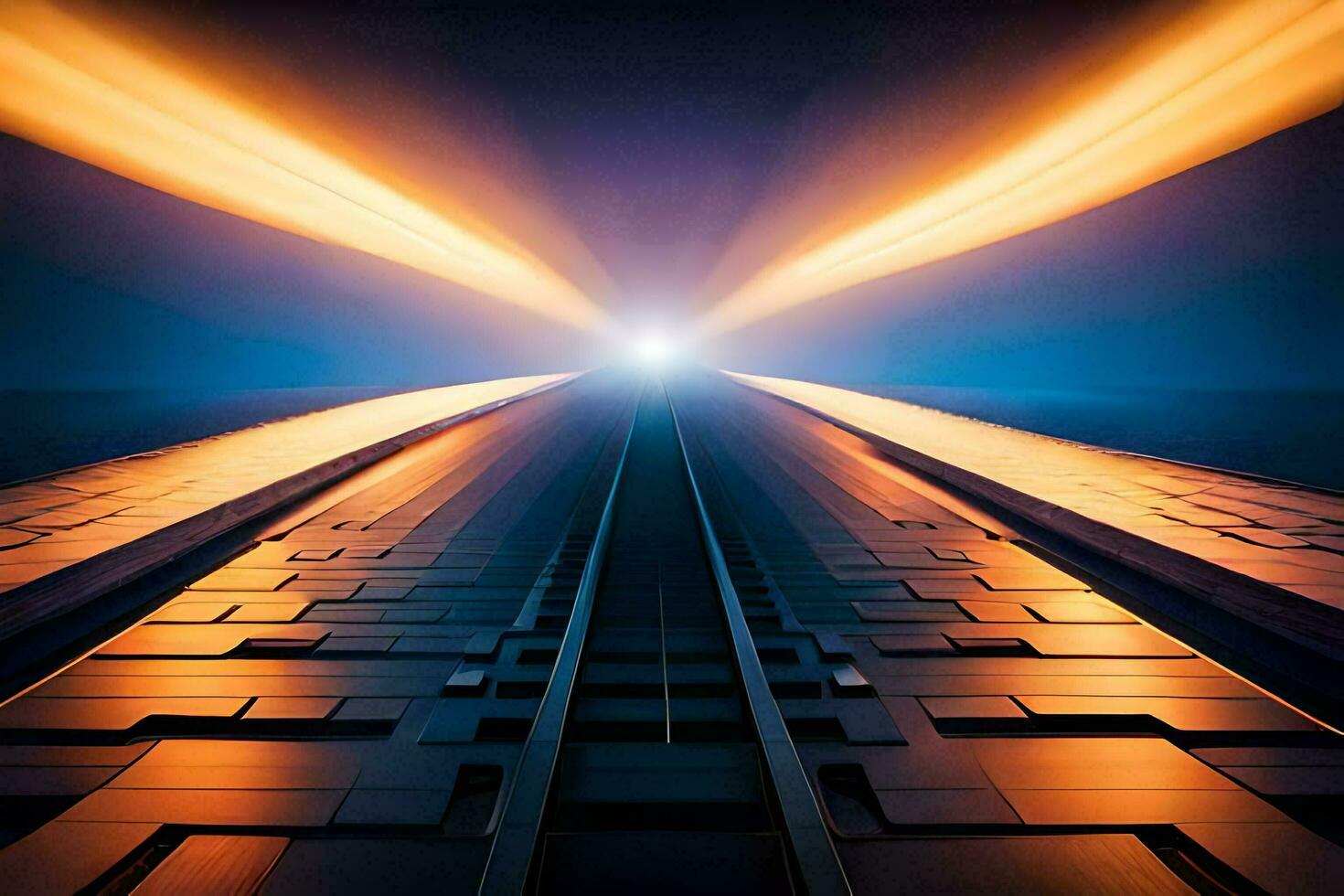 a train track with bright lights and a tunnel. AI-Generated photo