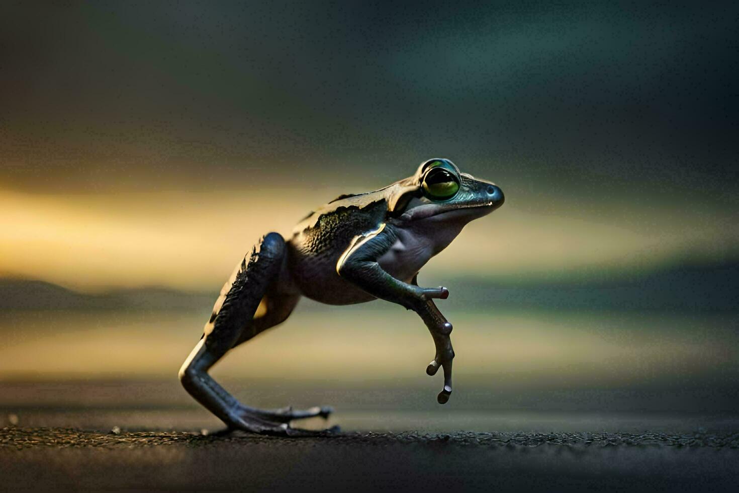 a frog is standing on its hind legs on a dark background. AI-Generated photo