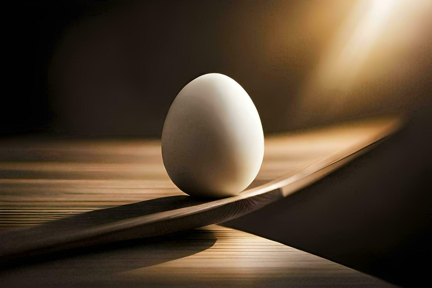 an egg sitting on top of a wooden table. AI-Generated photo