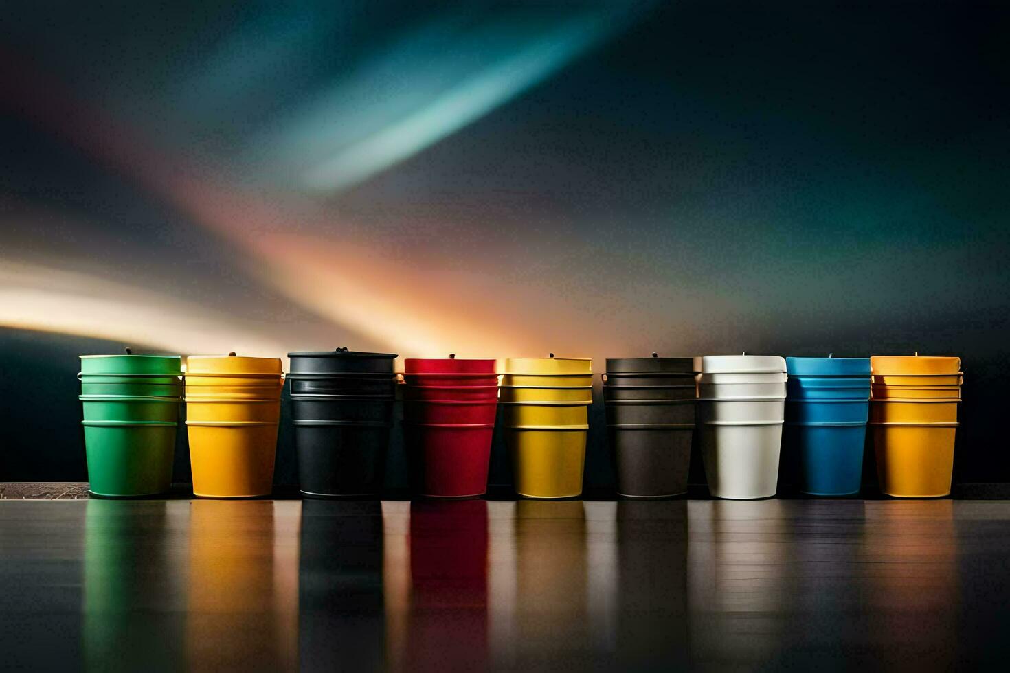 a row of colorful cups lined up against a dark background. AI-Generated photo