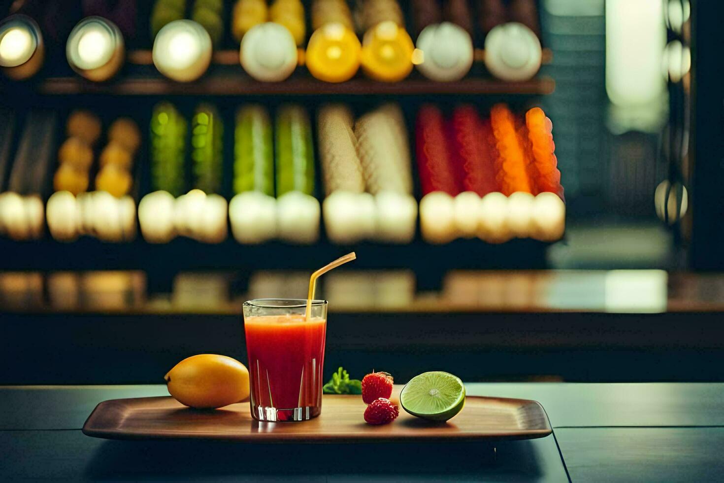 a glass of juice sits on a wooden tray. AI-Generated photo