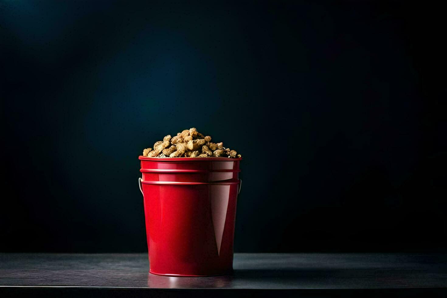 a red bucket filled with peanuts on a table. AI-Generated photo