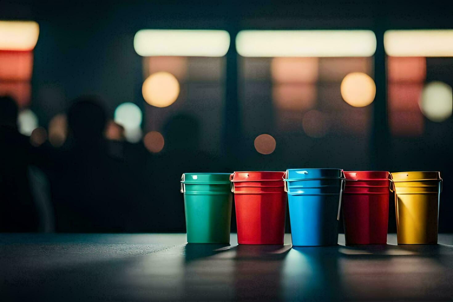 four colorful cups lined up on a table. AI-Generated photo