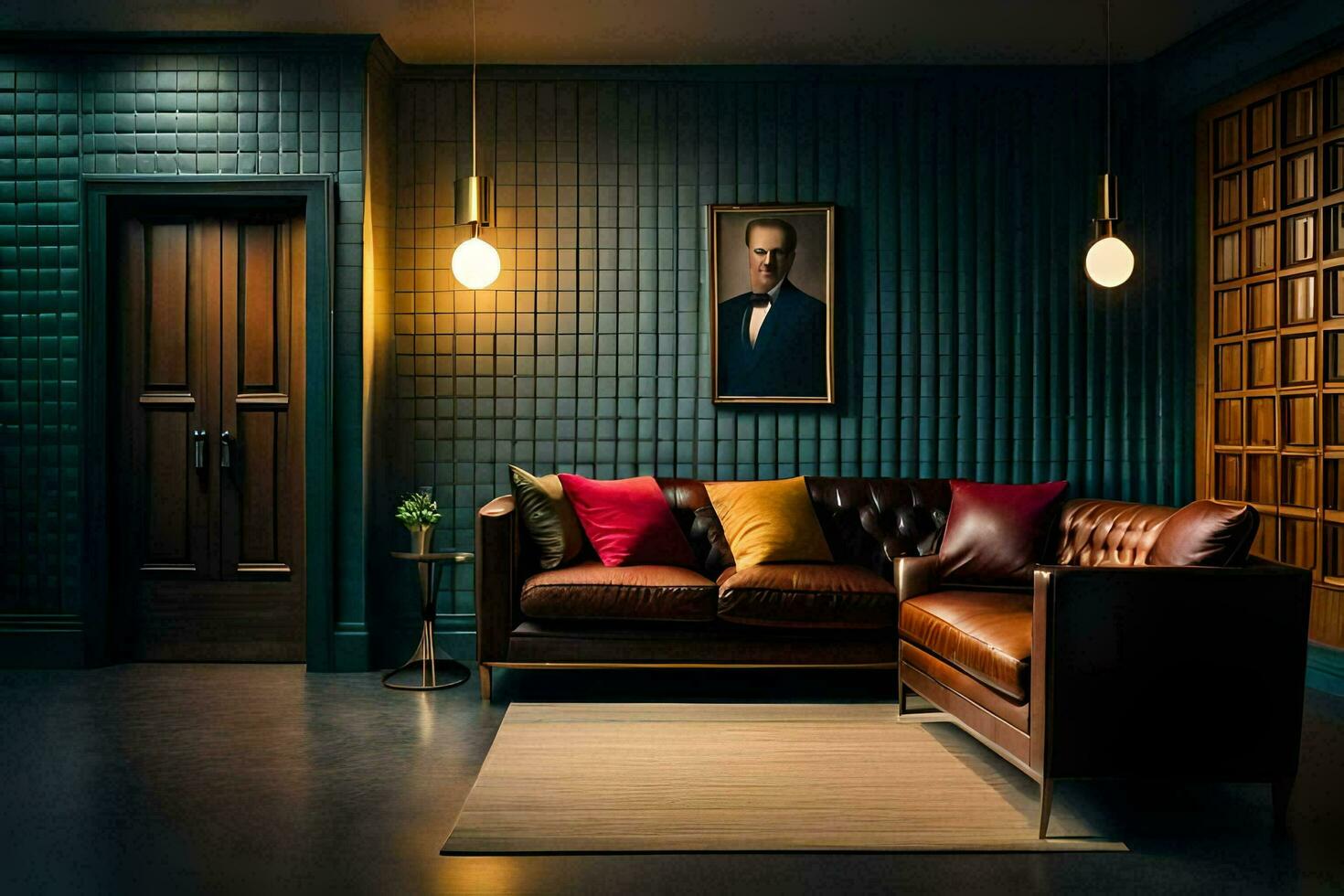 a dark room with a leather couch and a painting. AI-Generated photo