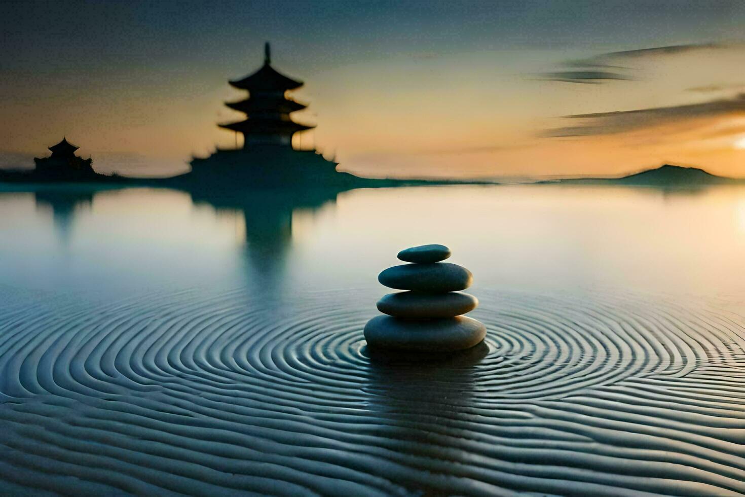 a stack of stones in the water at sunset. AI-Generated photo