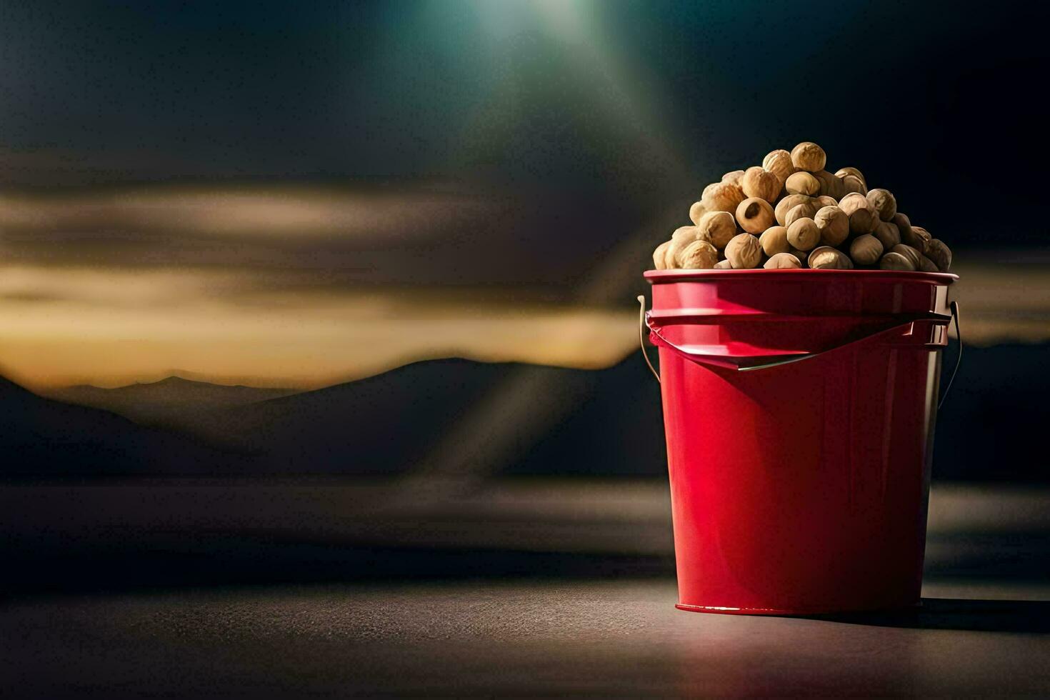 a red bucket filled with peanuts on a table. AI-Generated photo